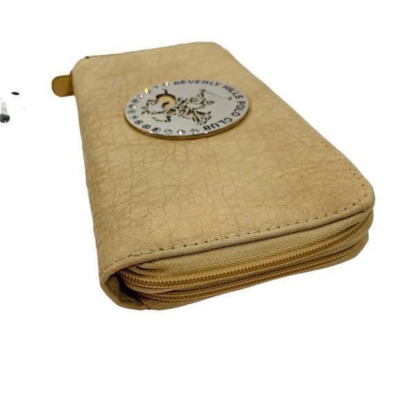 Beverly Hills Polo Club Wallet Stanford Zip Large Metal Medallion Logo Sand READ - Picture 4 of 9